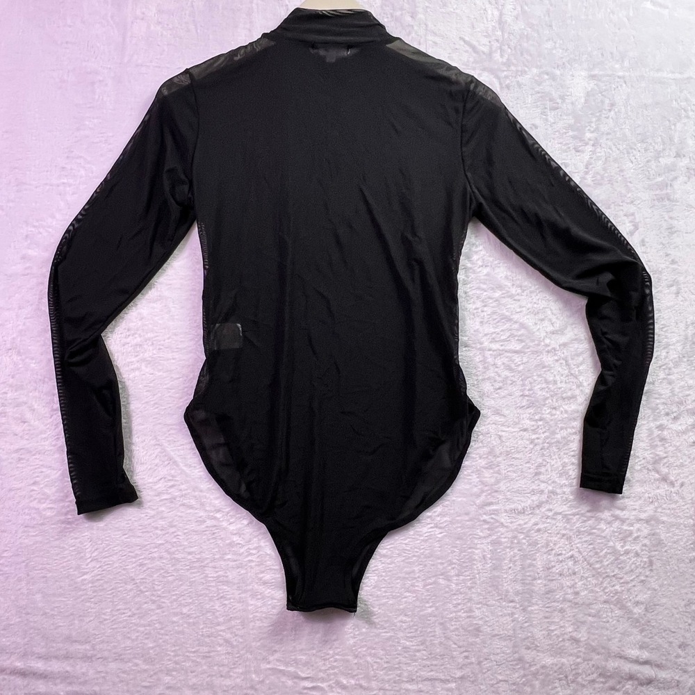 BHome Womens Black Mock Neck Mesh Panel Long Sleeve Bodysuit Small NWT